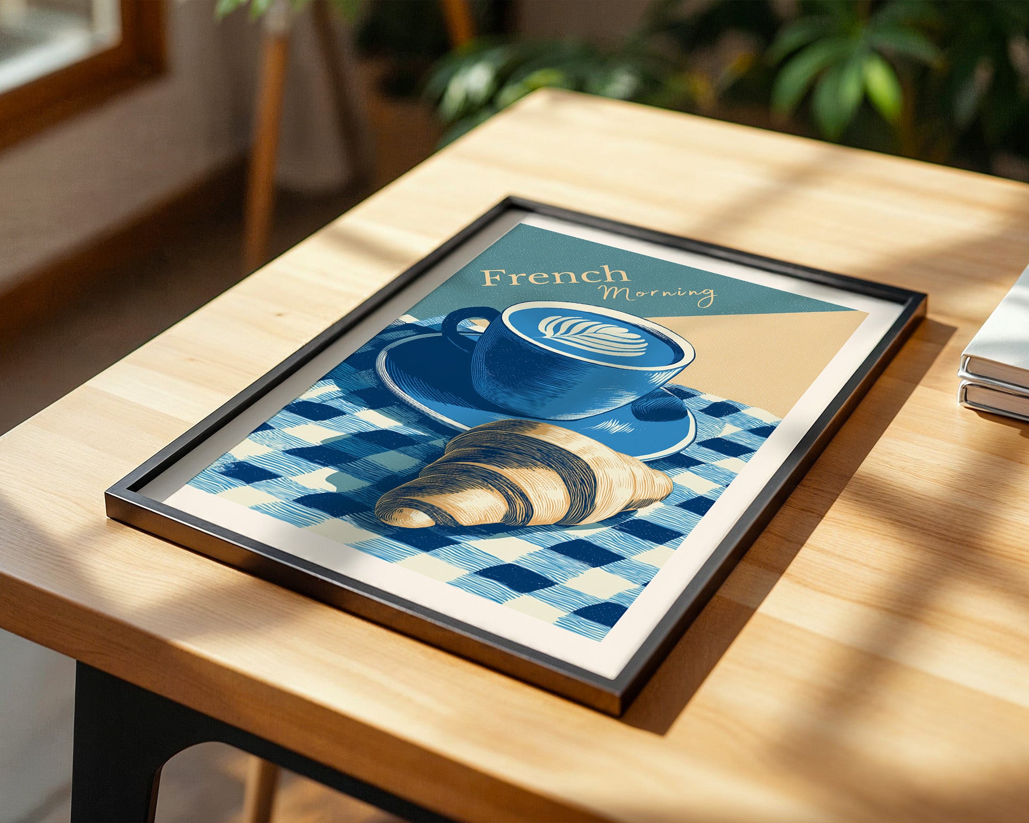 Kaffee Croissant Blau Retro