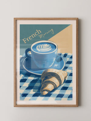 Kaffee Croissant Blau Retro