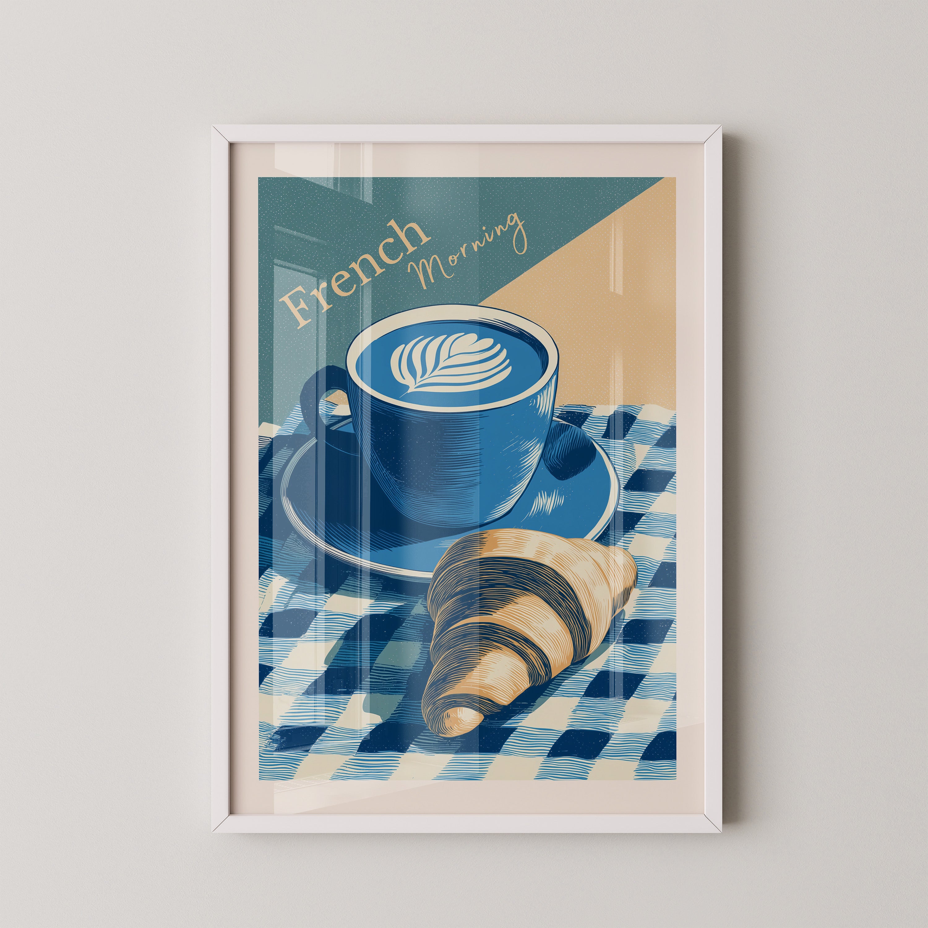 Kaffee Croissant Blau Retro