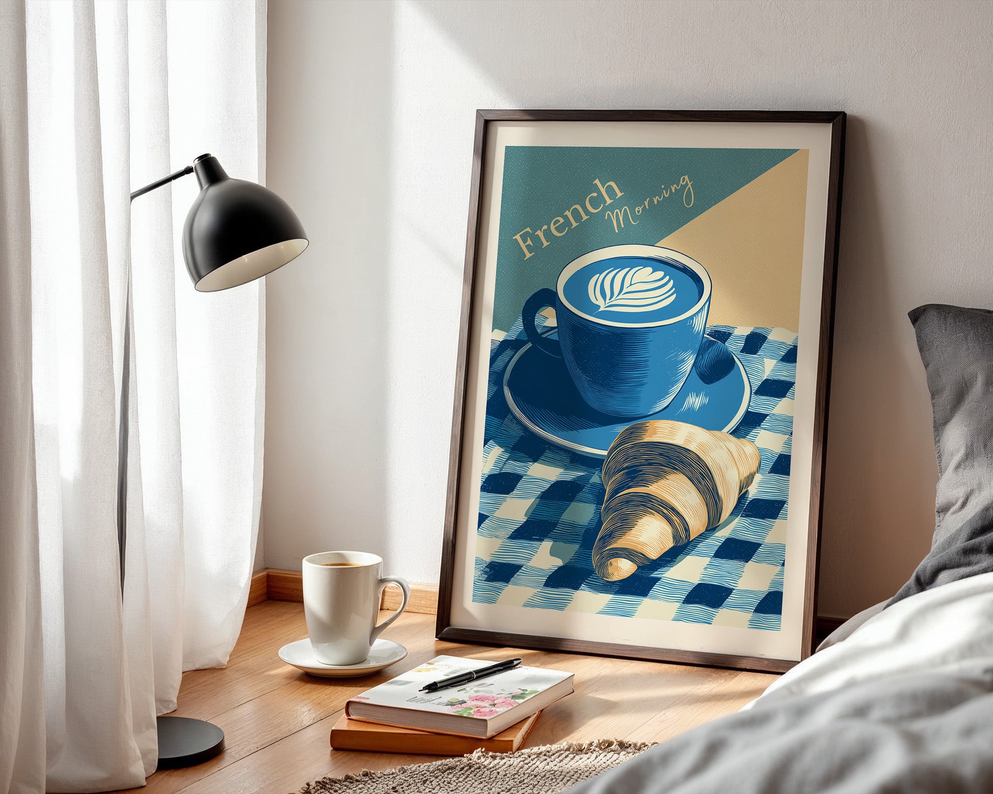 Kaffee Croissant Blau Retro