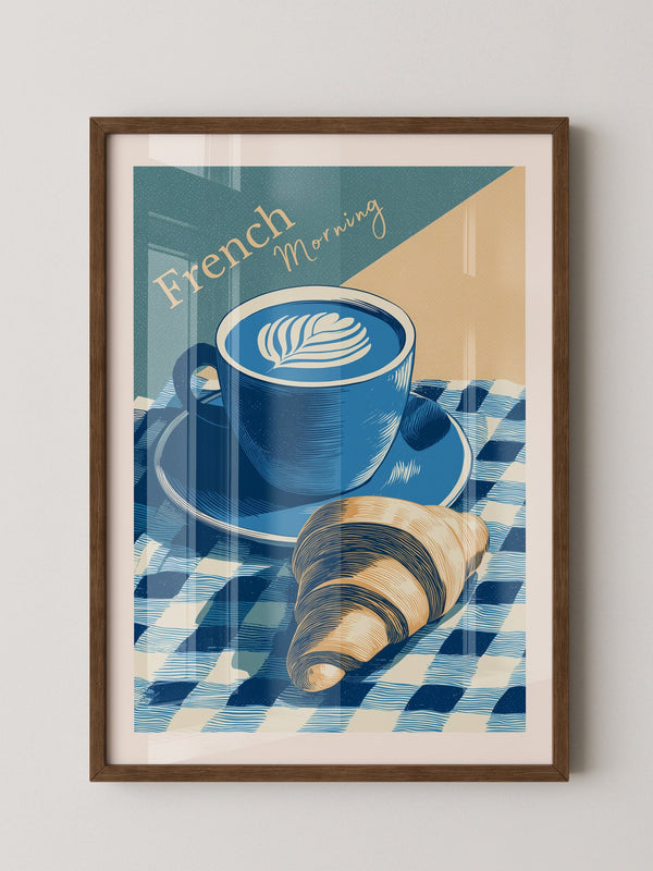 Kaffee Croissant Blau Retro