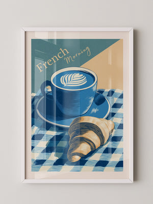 Kaffee Croissant Blau Retro