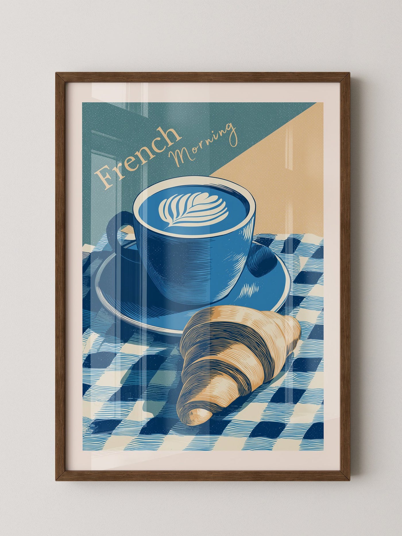 Kaffee Croissant Blau Retro