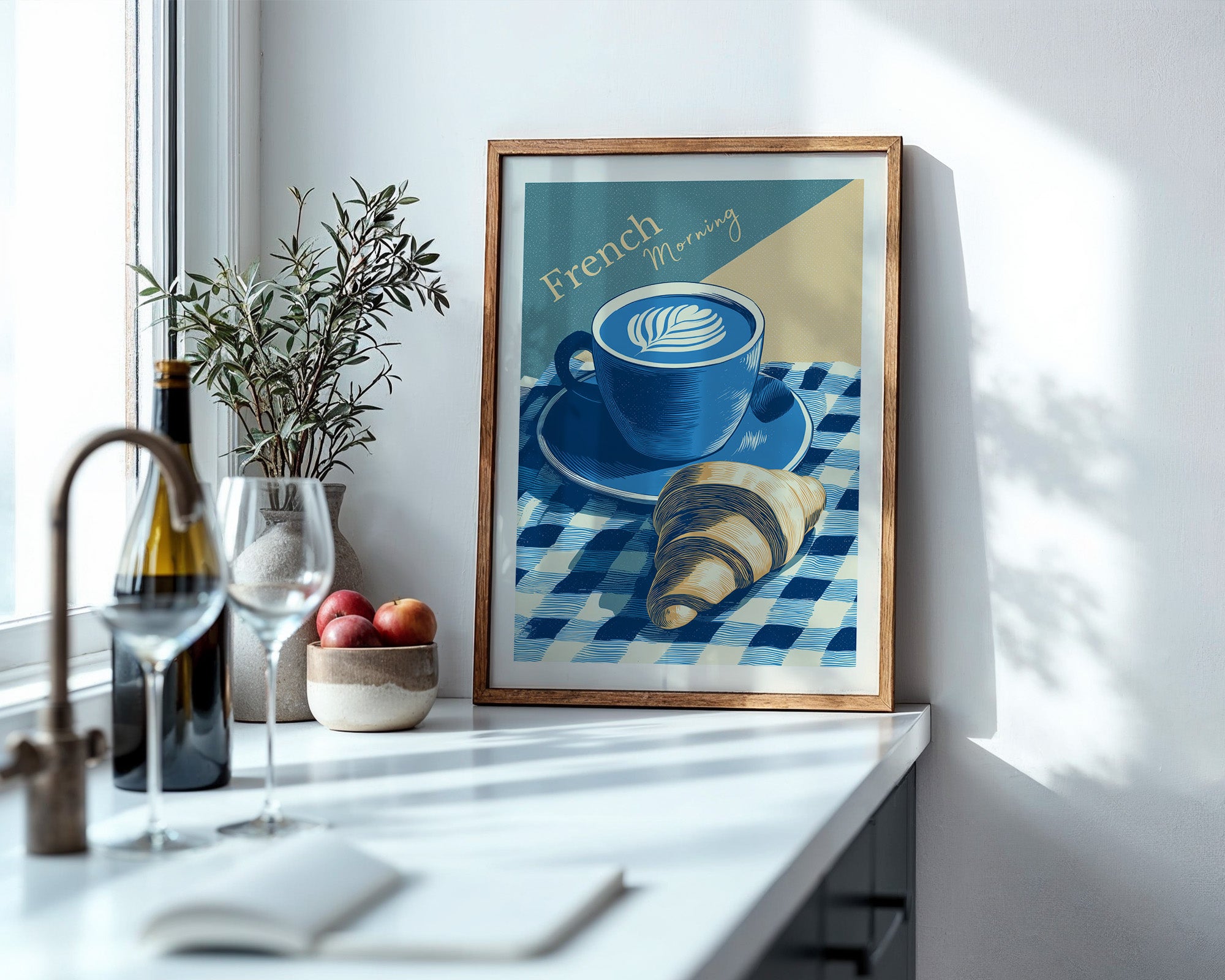 Kaffee Croissant Blau Retro