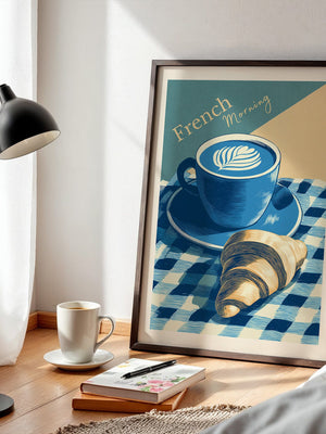 Kaffee Croissant Blau Retro