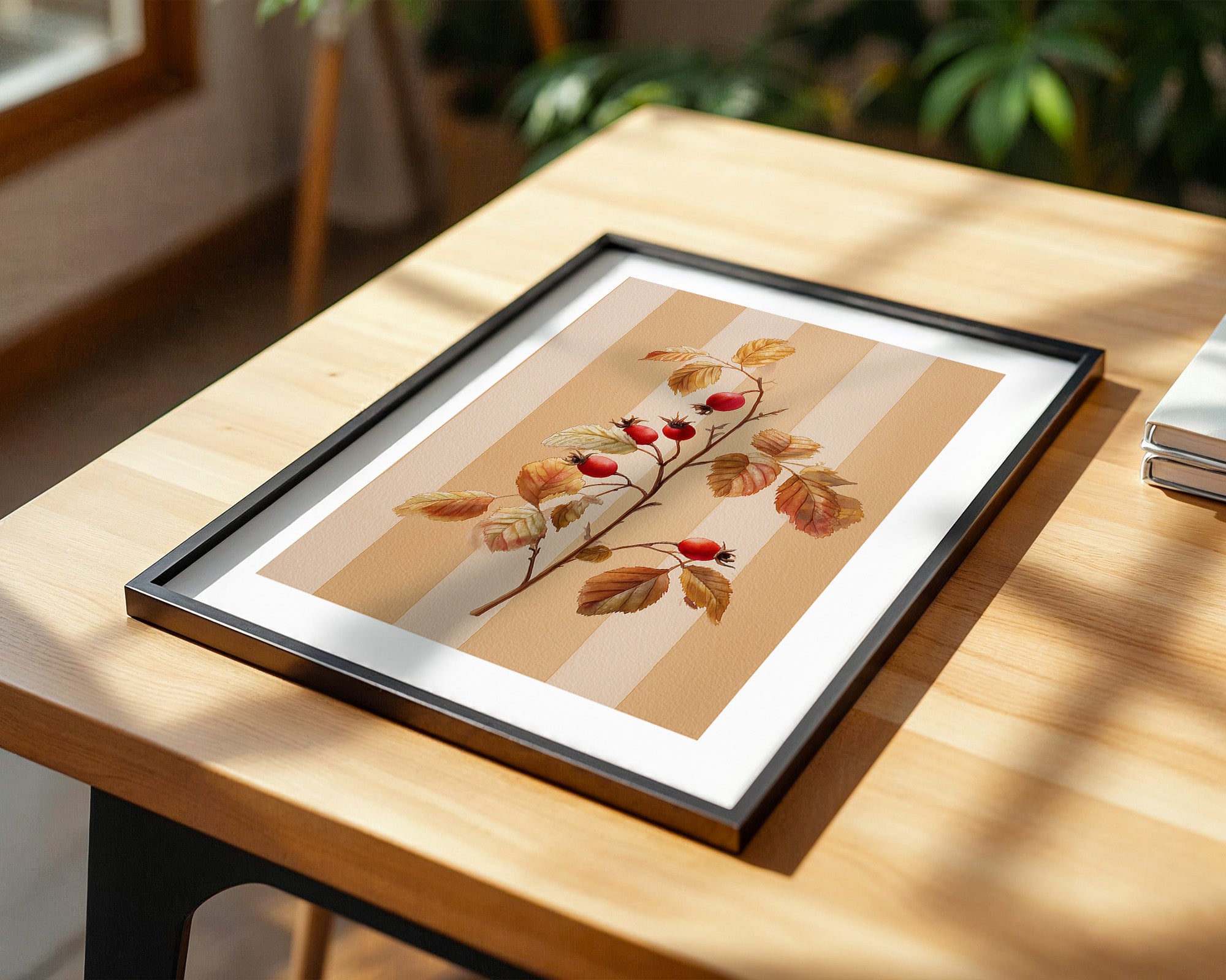 Hagebutten Zweig Herbstfarben Streifen