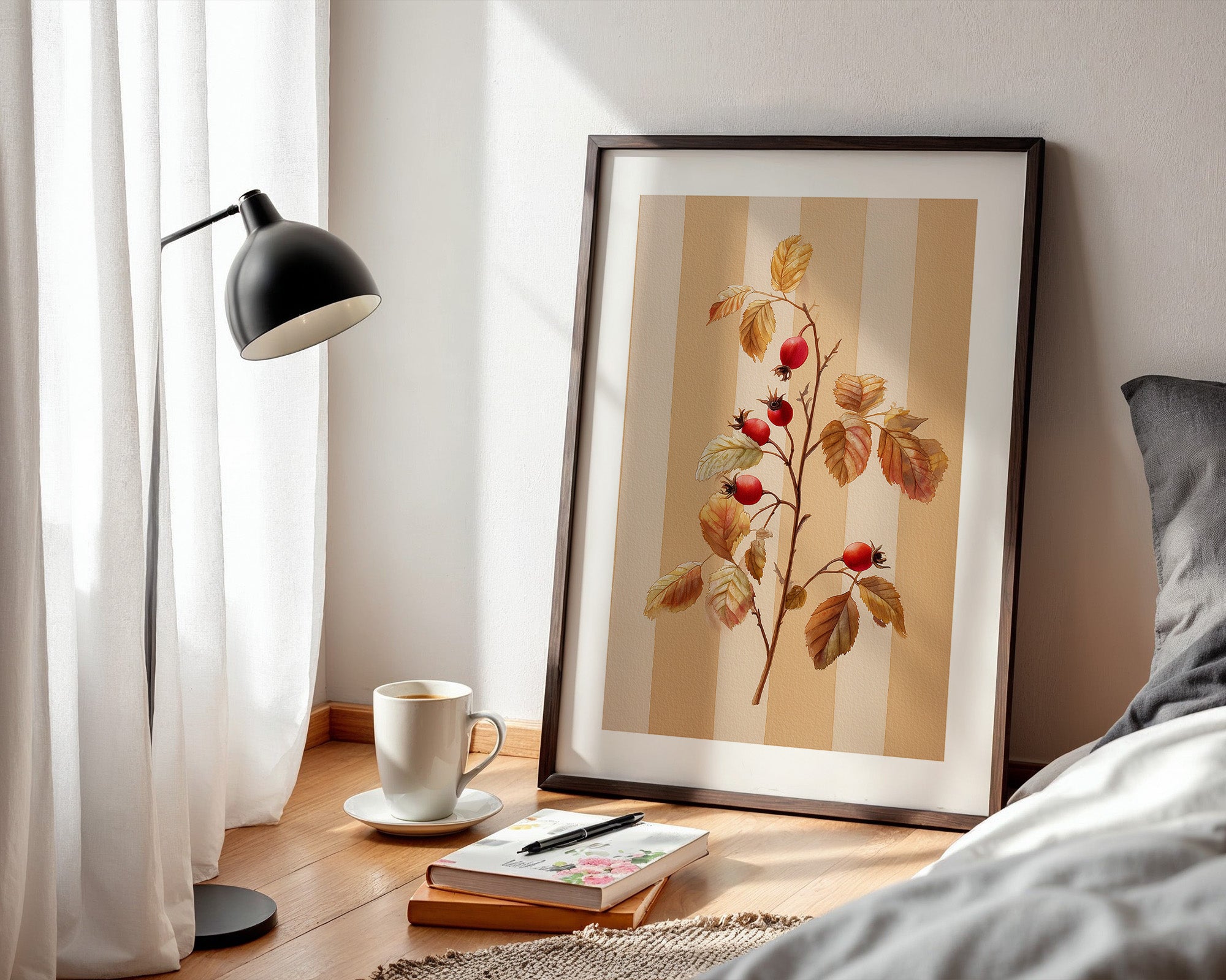 Hagebutten Zweig Herbstfarben Streifen