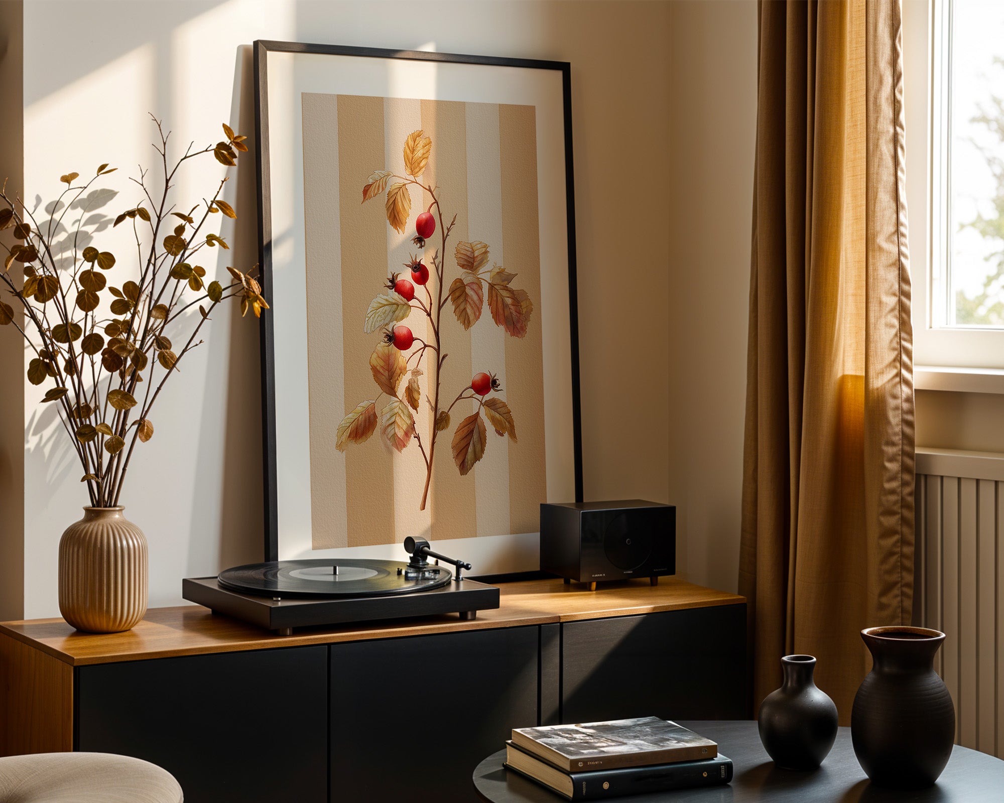 Hagebutten Zweig Herbstfarben Streifen