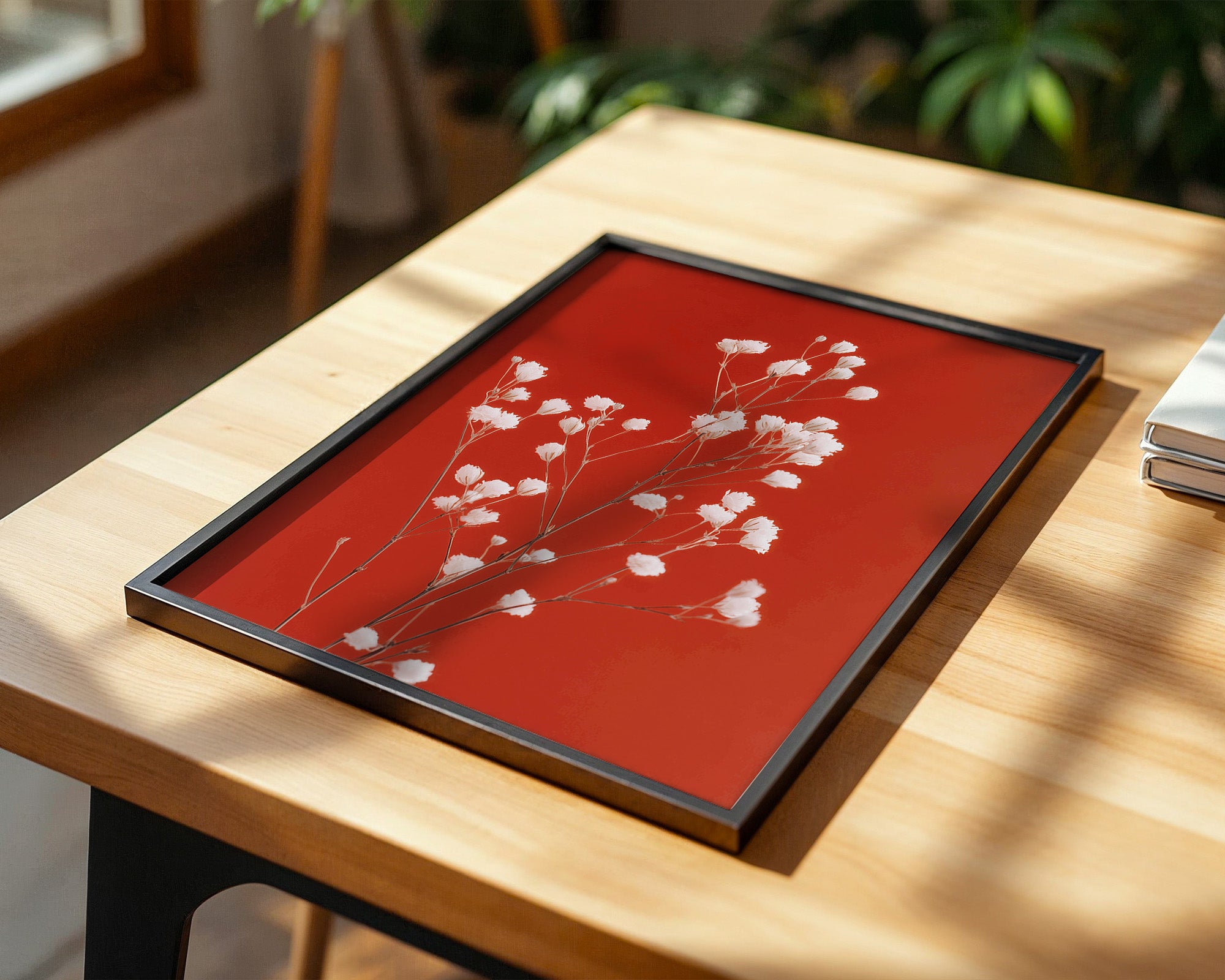 Weiße Blüten Roter Hintergrund