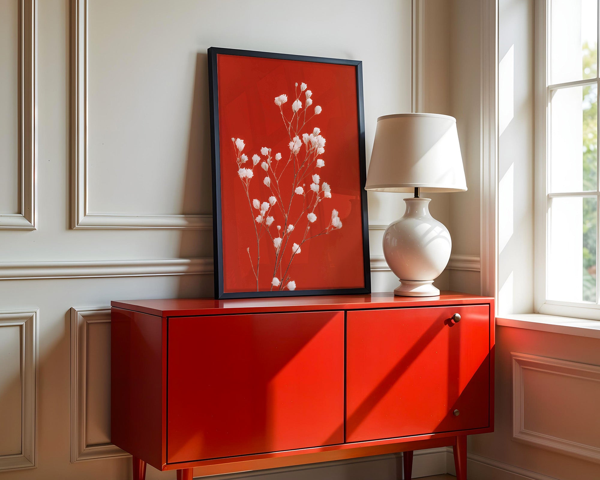 Weiße Blüten Roter Hintergrund