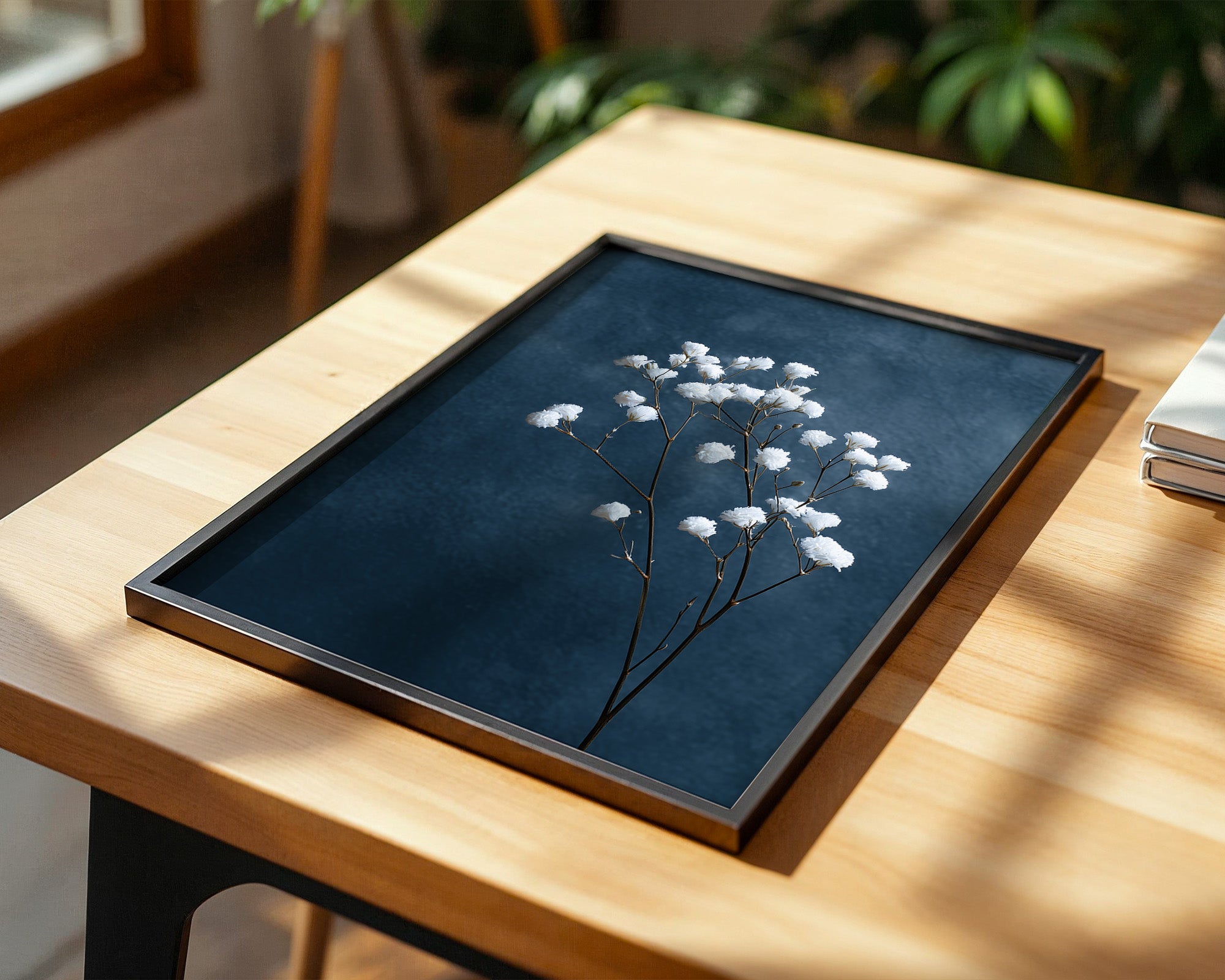 Weiße Blüten auf blauem Hintergrund