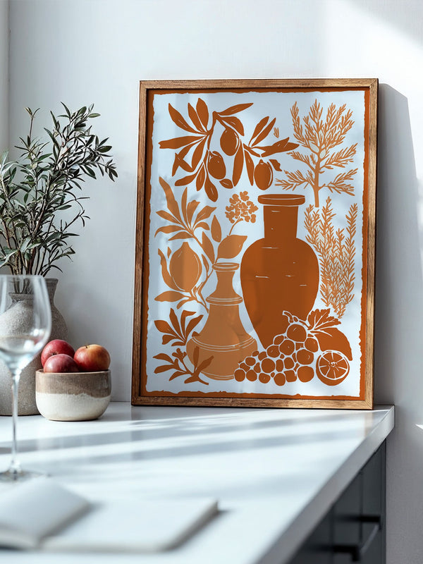 Olivenzweige Gefäße Orange Silberdruck
