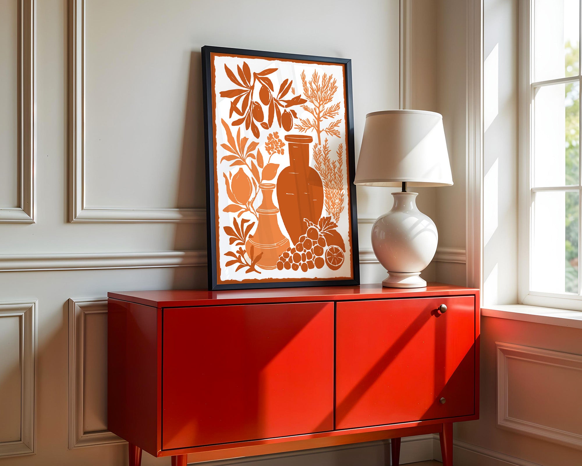 Olivenzweige Gefäße Orange Silberdruck