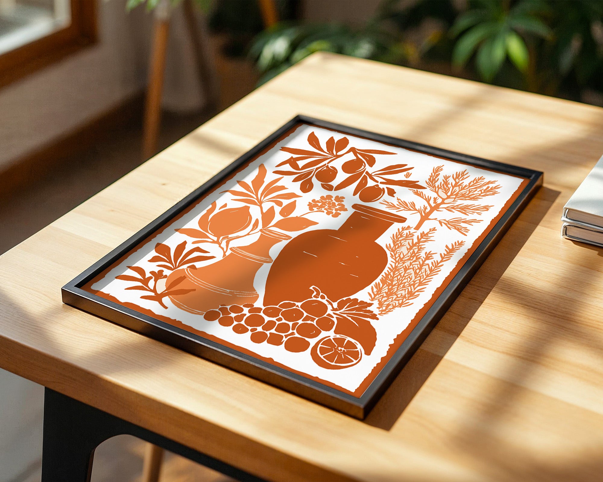 Olivenzweige Gefäße Orange Silberdruck