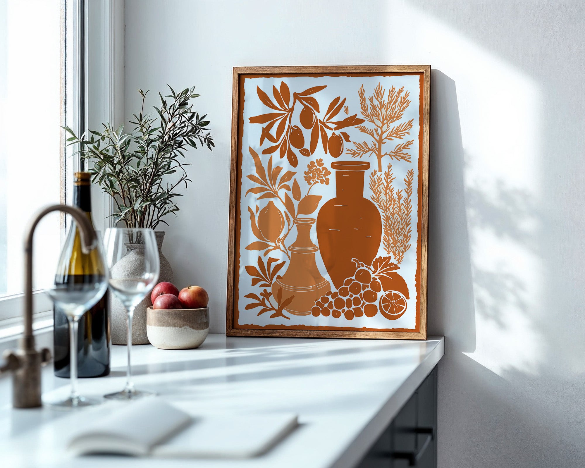 Olivenzweige Gefäße Orange Silberdruck