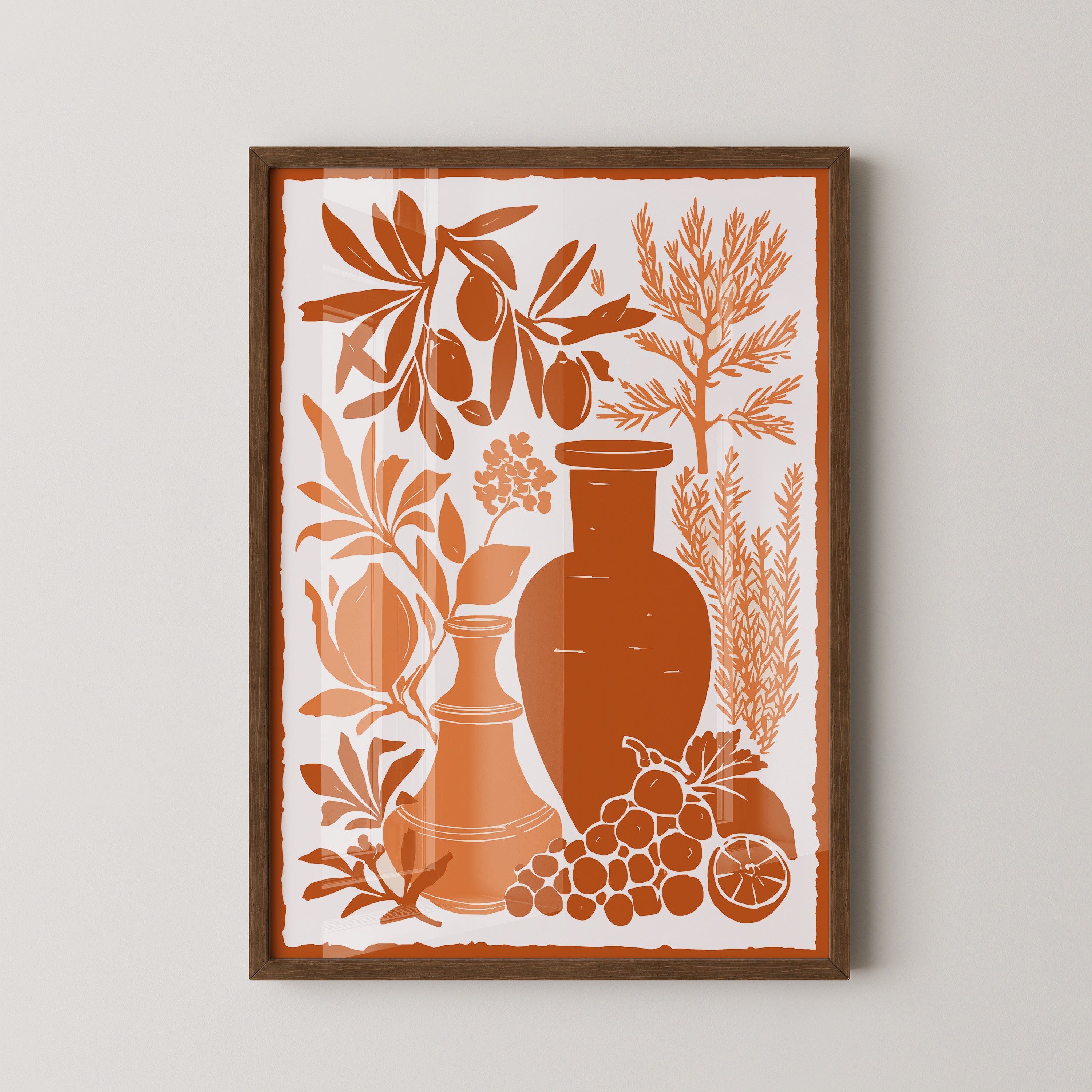Olivenzweige Gefäße Orange Silberdruck