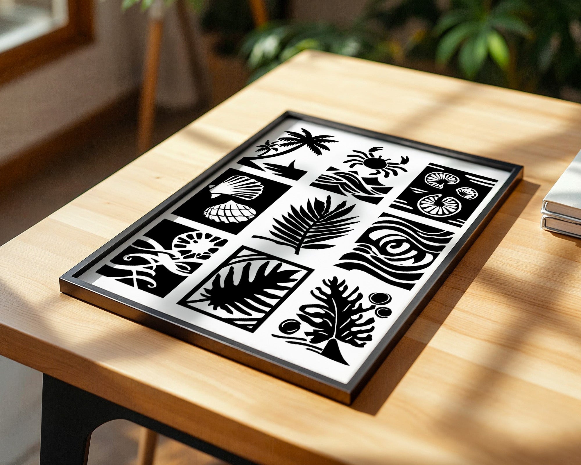 Palmen Krabben Muscheln Schwarzweiß