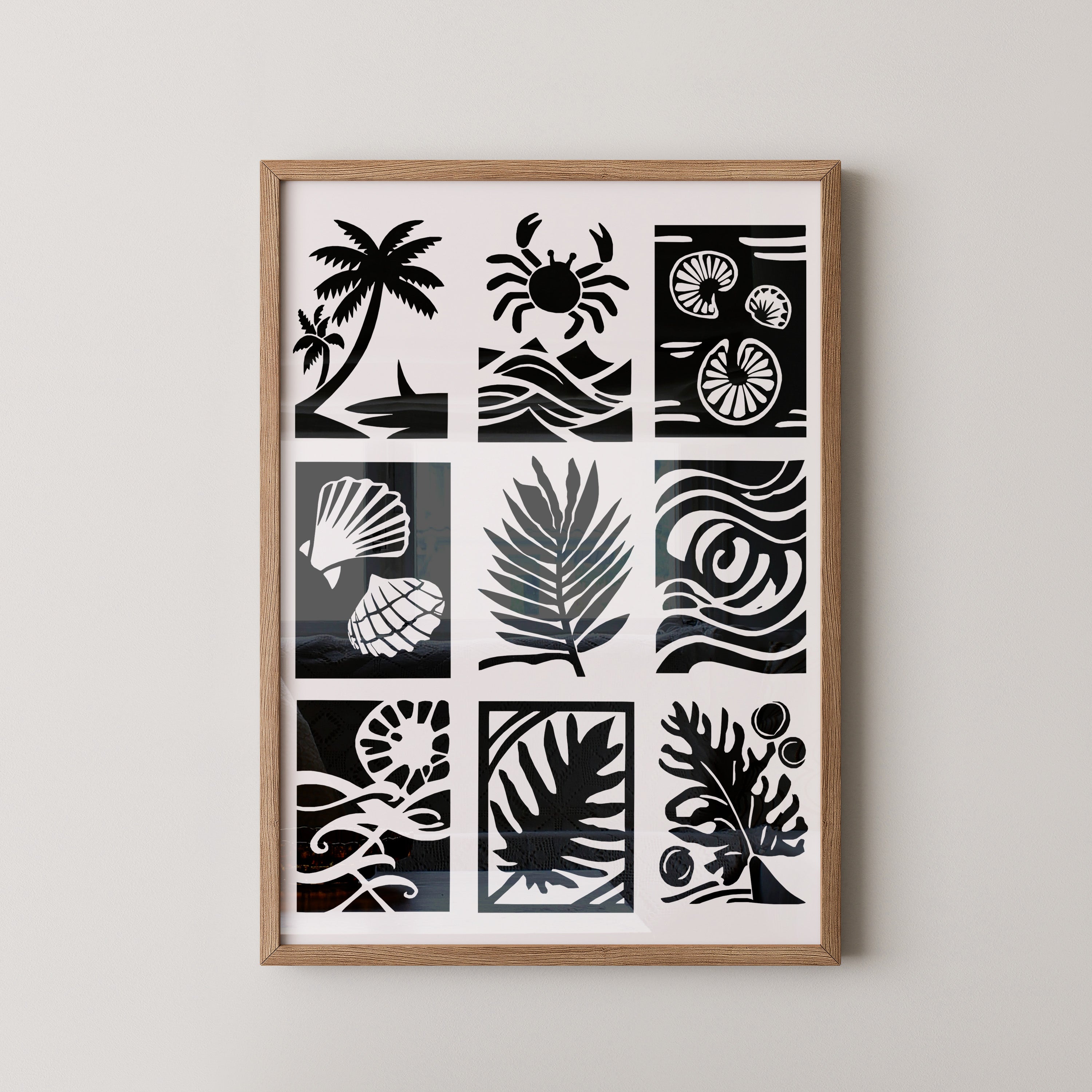 Palmen Krabben Muscheln Schwarzweiß