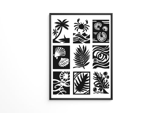 Palmen Krabben Muscheln Schwarzweiß