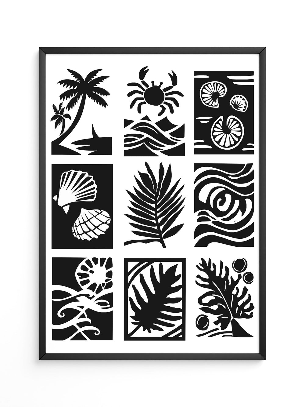 Palmen Krabben Muscheln Schwarzweiß