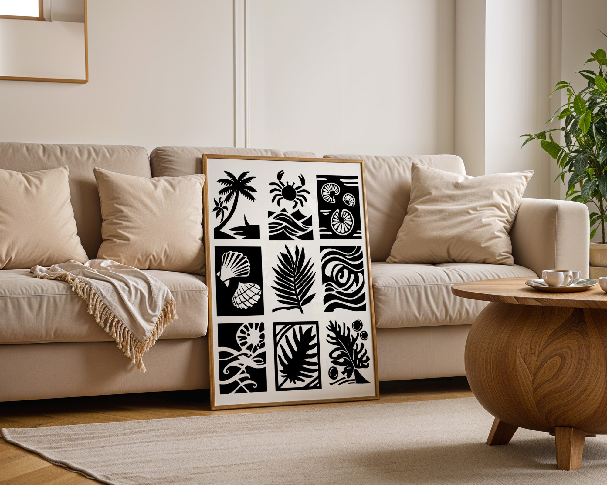 Palmen Krabben Muscheln Schwarzweiß