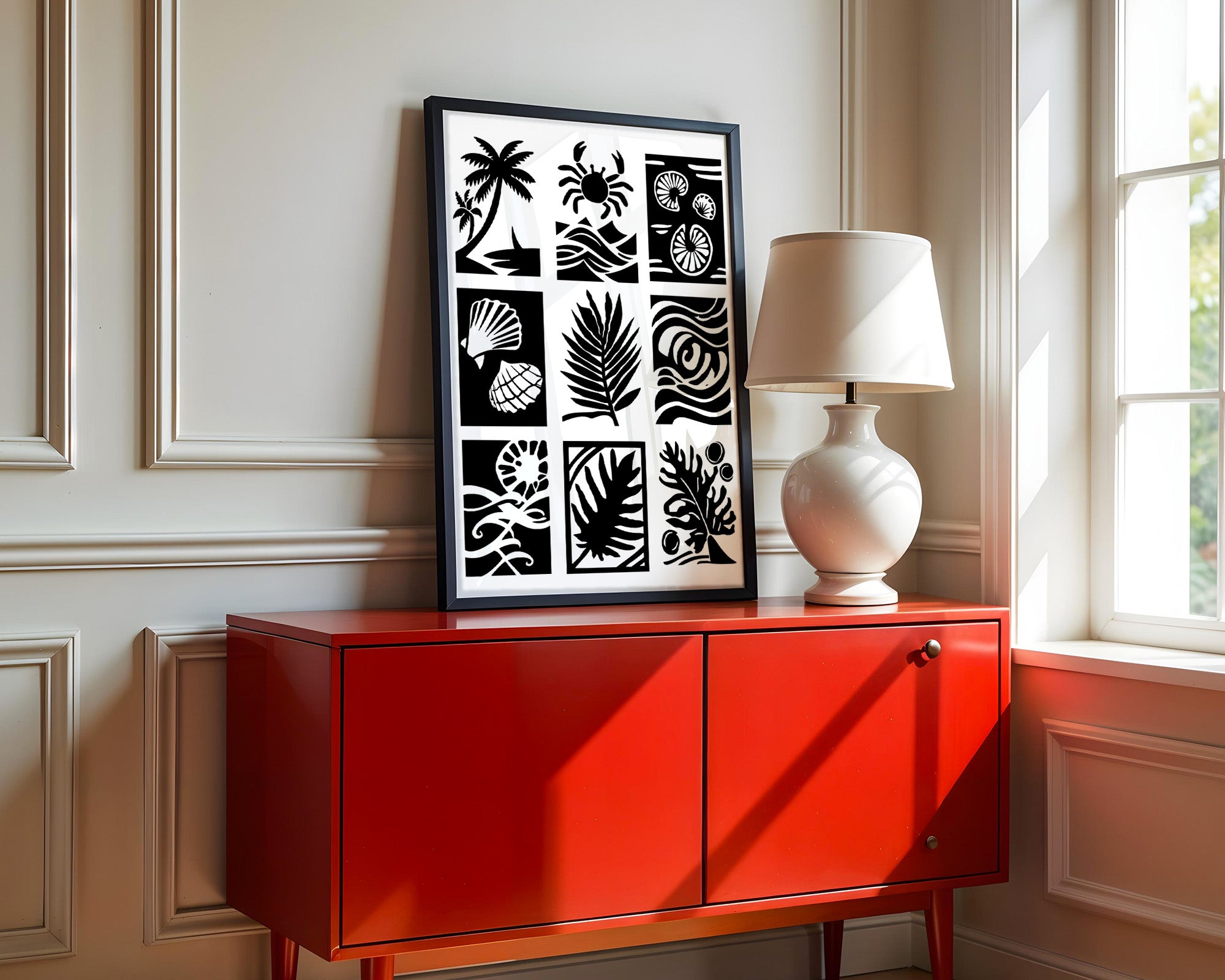 Palmen Krabben Muscheln Schwarzweiß