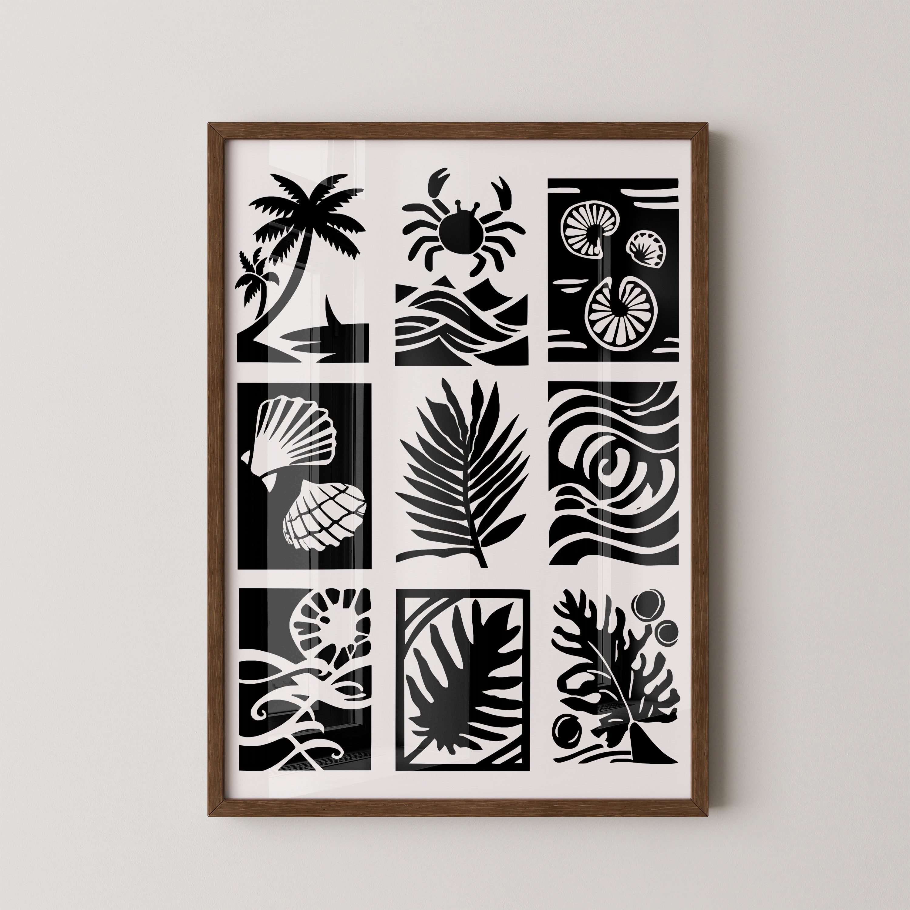 Palmen Krabben Muscheln Schwarzweiß