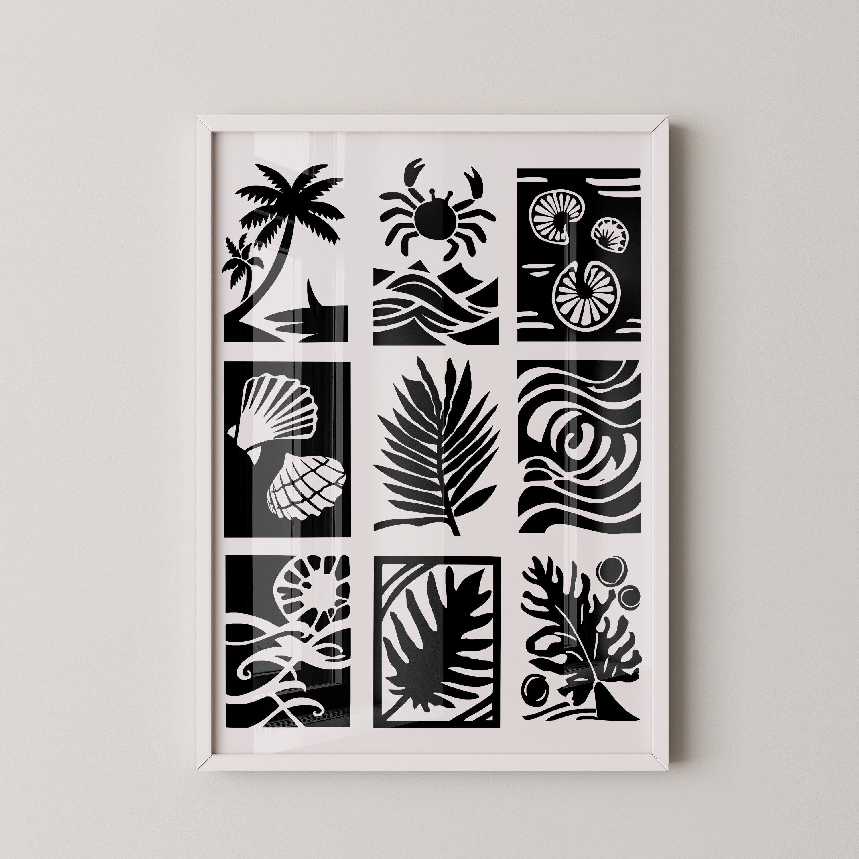 Palmen Krabben Muscheln Schwarzweiß