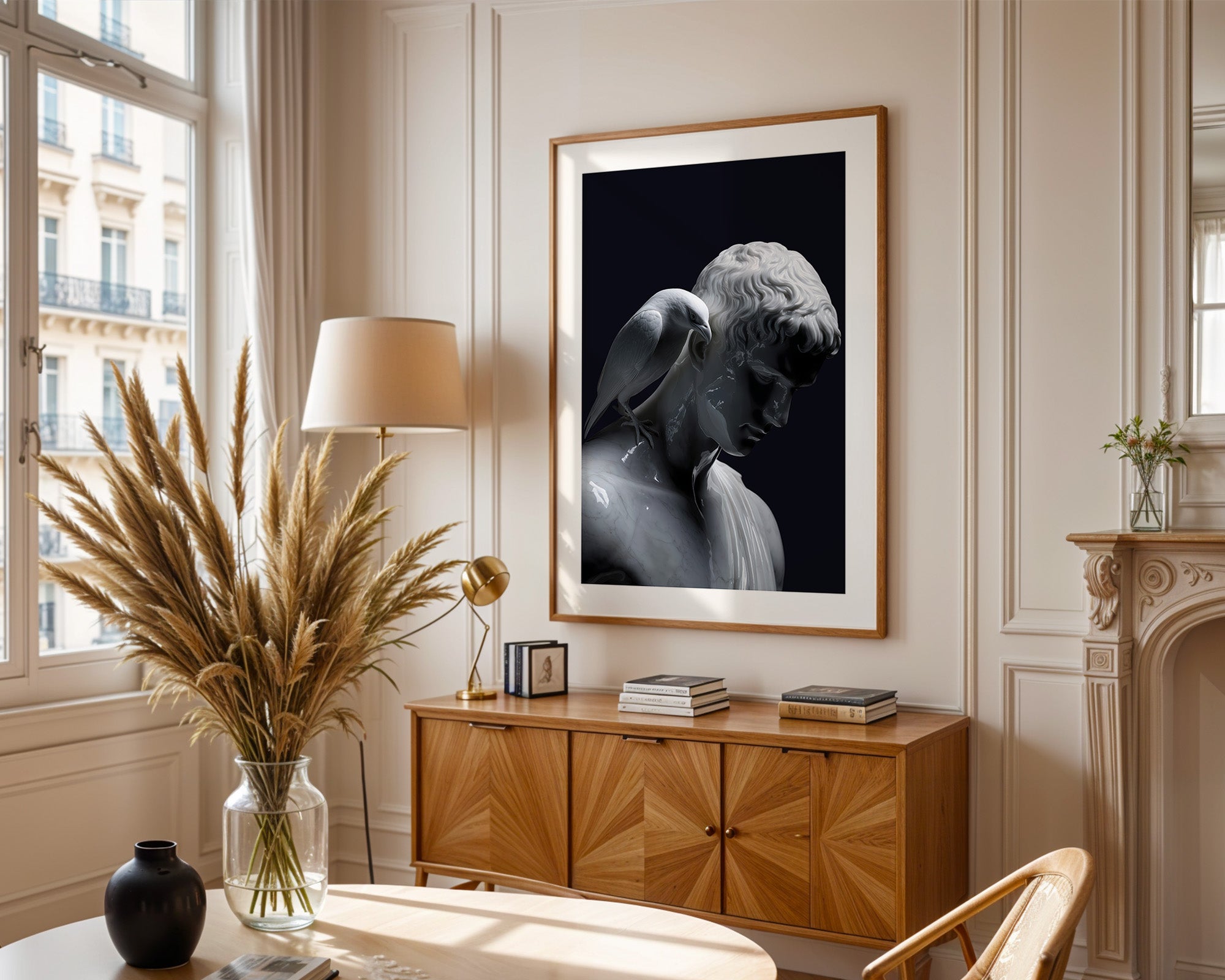 Skulptur mit Vogel Dunkelkontrast