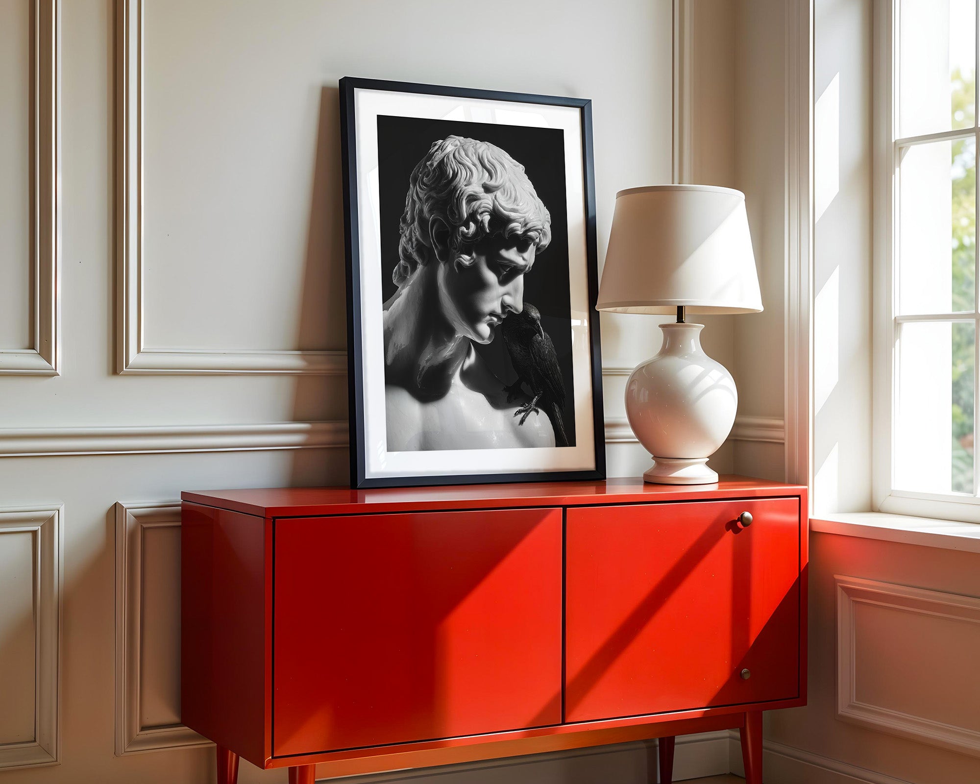 Skulptur Rabe Schwarzweiß