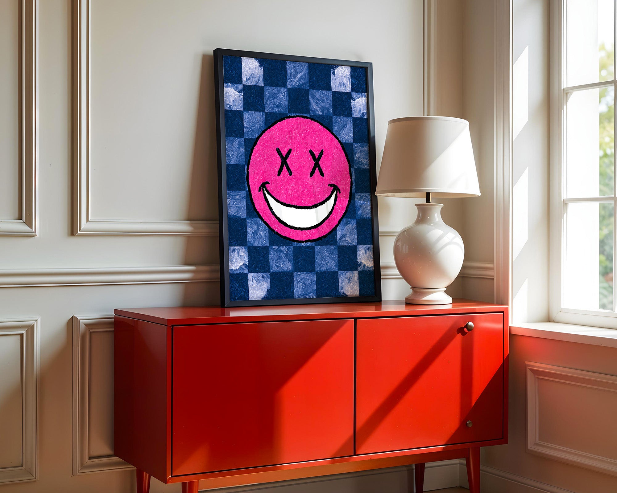 Grinsendes Emoji Pink Blau Gerastert