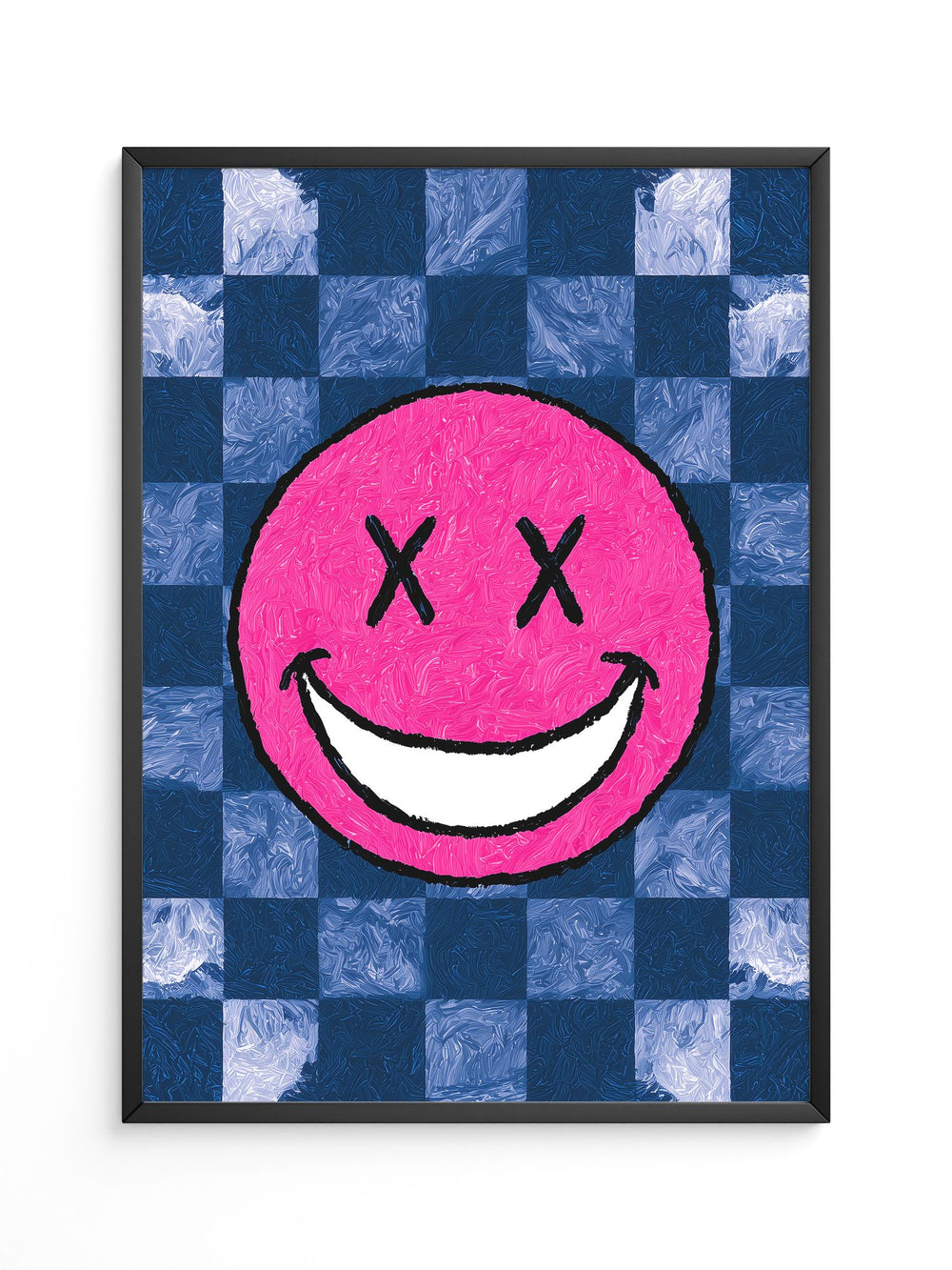 Grinsendes Emoji Pink Blau Gerastert