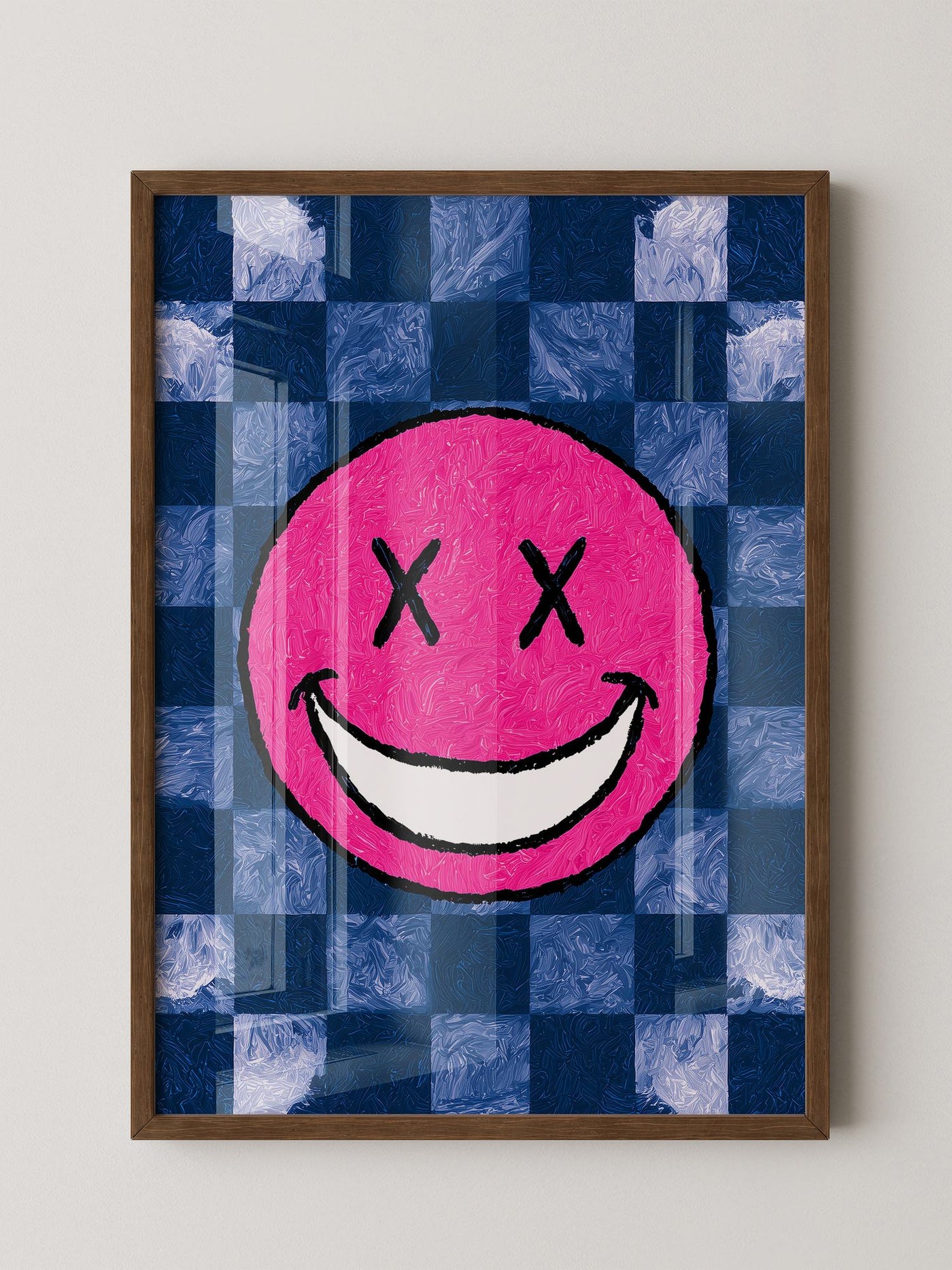 Grinsendes Emoji Pink Blau Gerastert