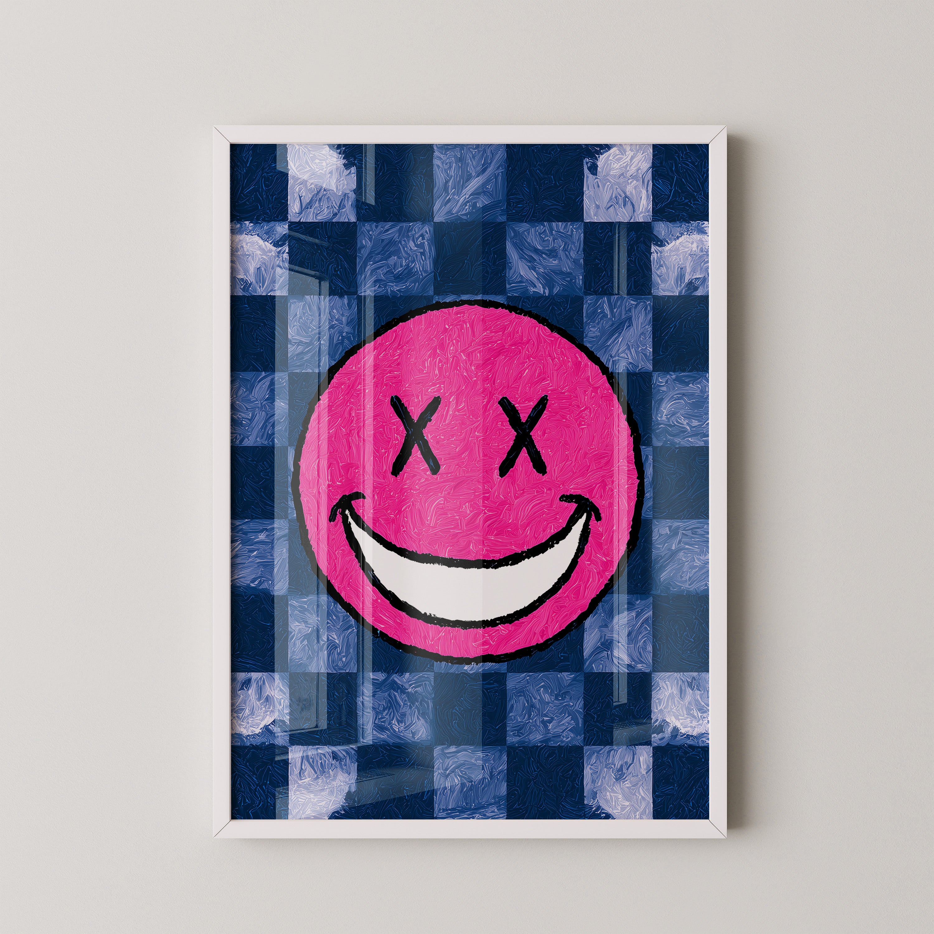 Grinsendes Emoji Pink Blau Gerastert