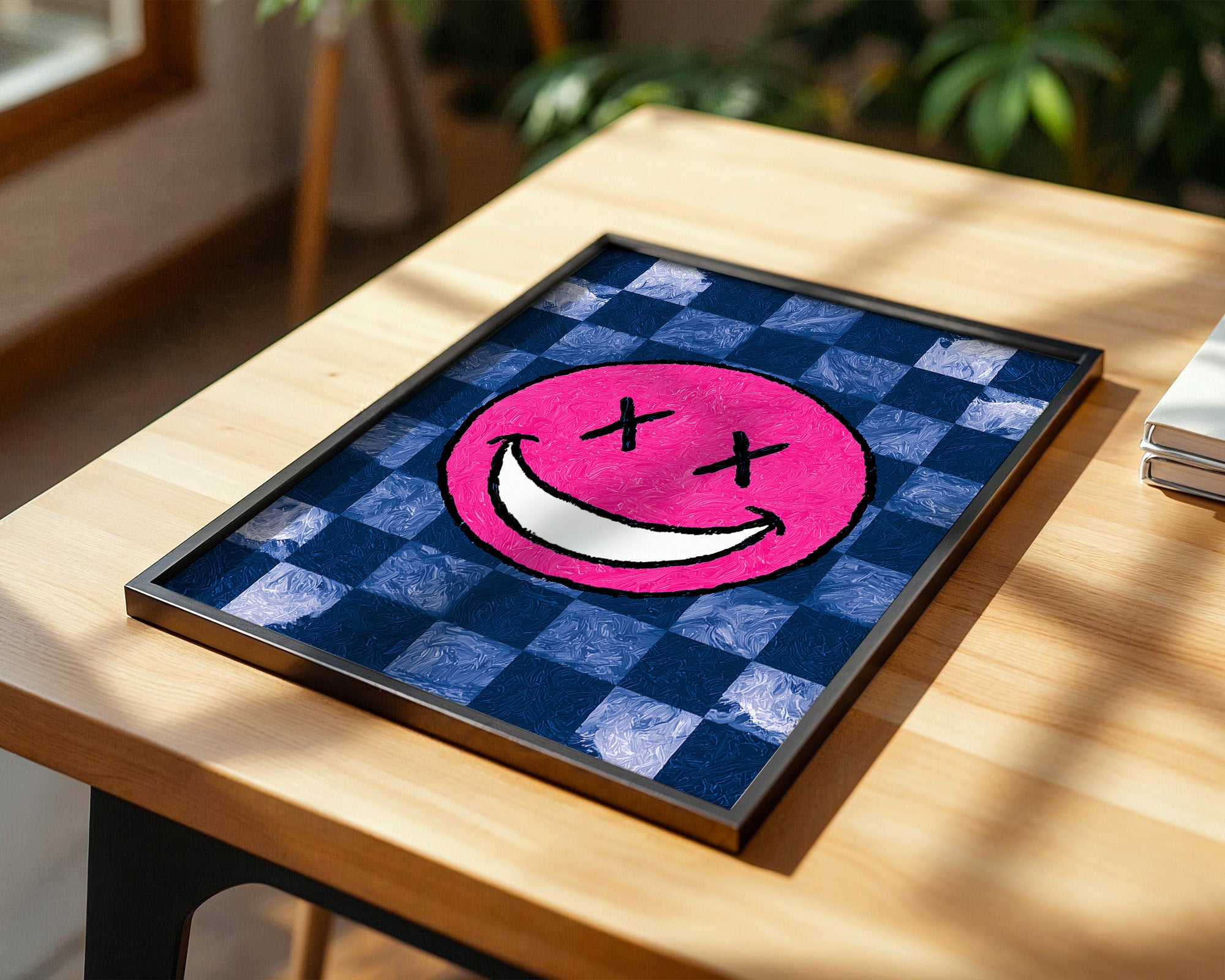 Grinsendes Emoji Pink Blau Gerastert