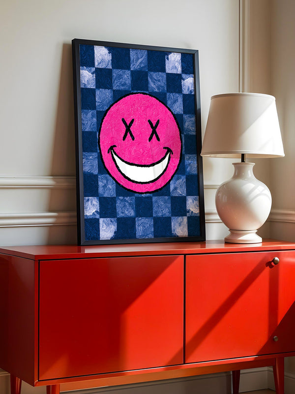 Grinsendes Emoji Pink Blau Gerastert