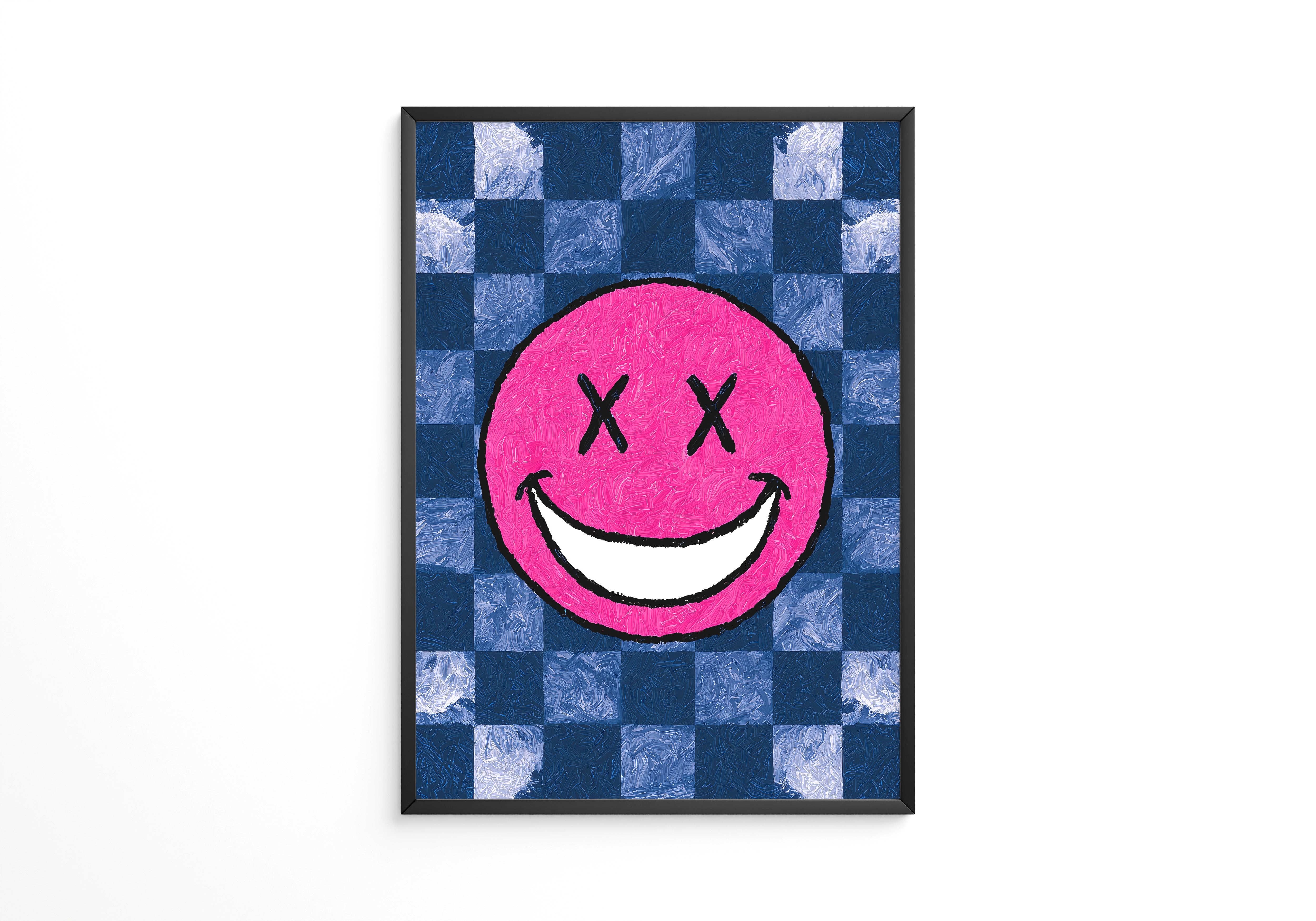 Grinsendes Emoji Pink Blau Gerastert