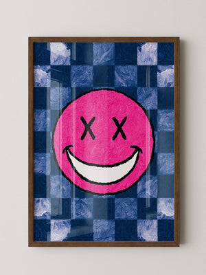 Grinsendes Emoji Pink Blau Gerastert