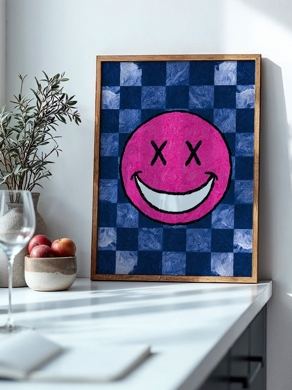 Grinsendes Emoji Pink Blau Gerastert