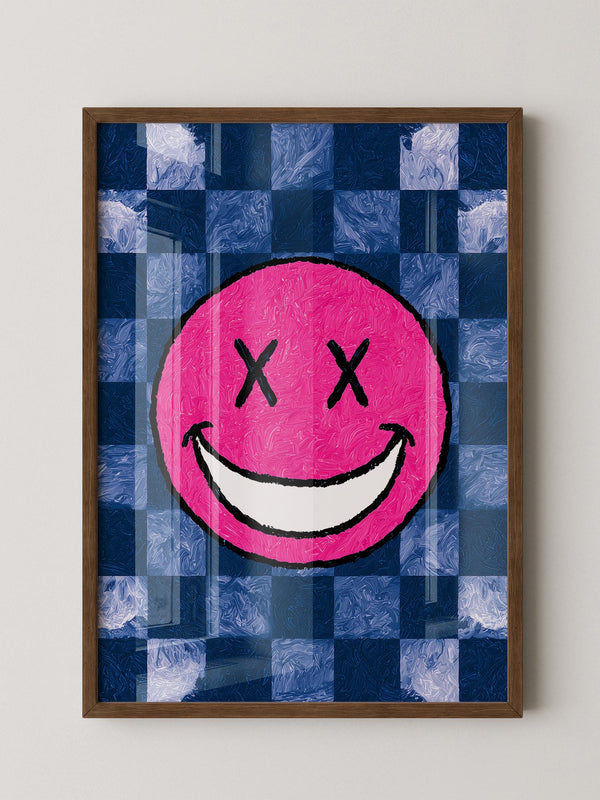 Grinsendes Emoji Pink Blau Gerastert