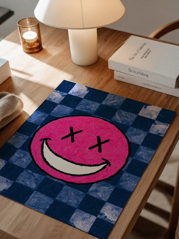 Grinsendes Emoji Pink Blau Gerastert
