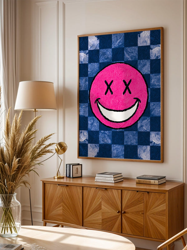 Grinsendes Emoji Pink Blau Gerastert