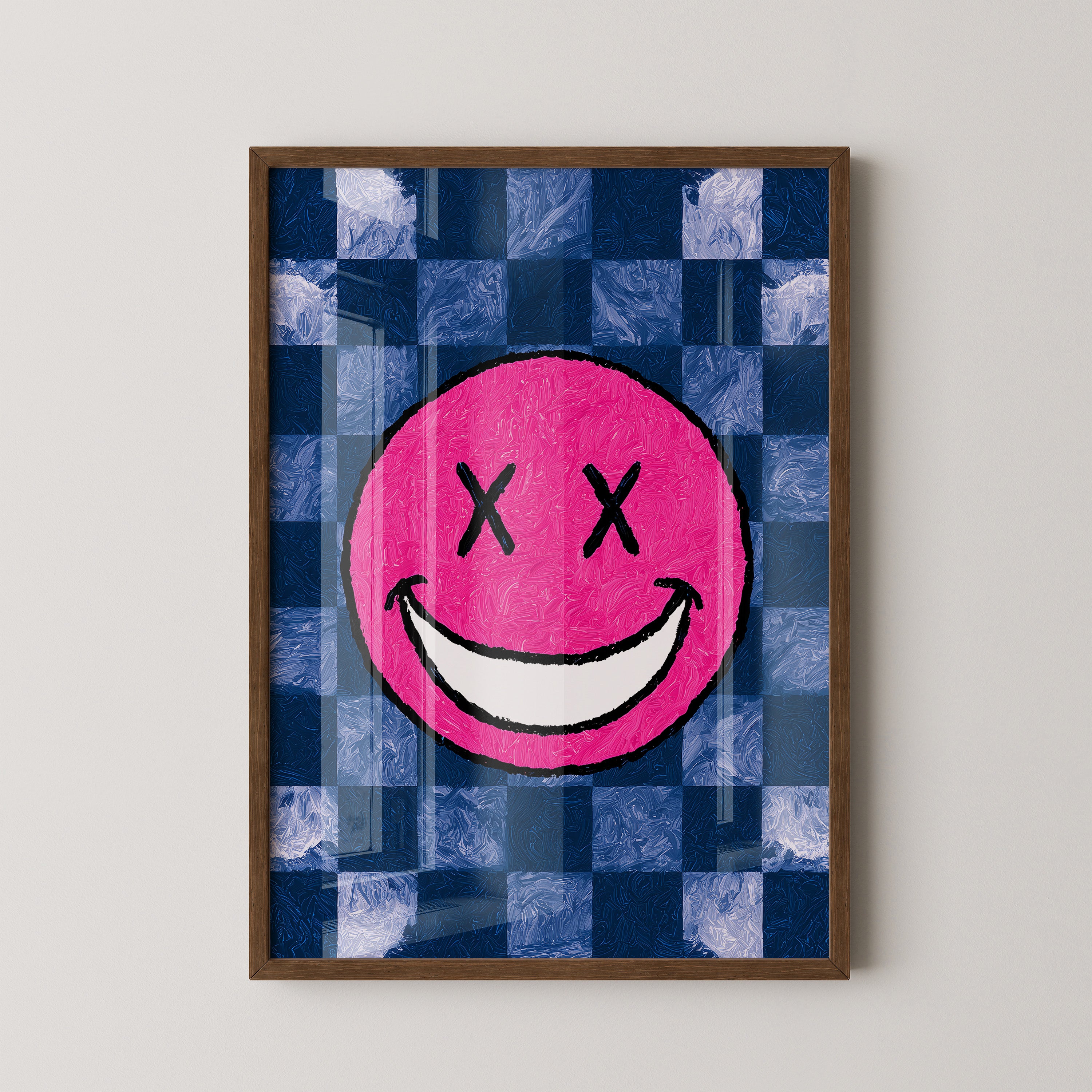 Grinsendes Emoji Pink Blau Gerastert