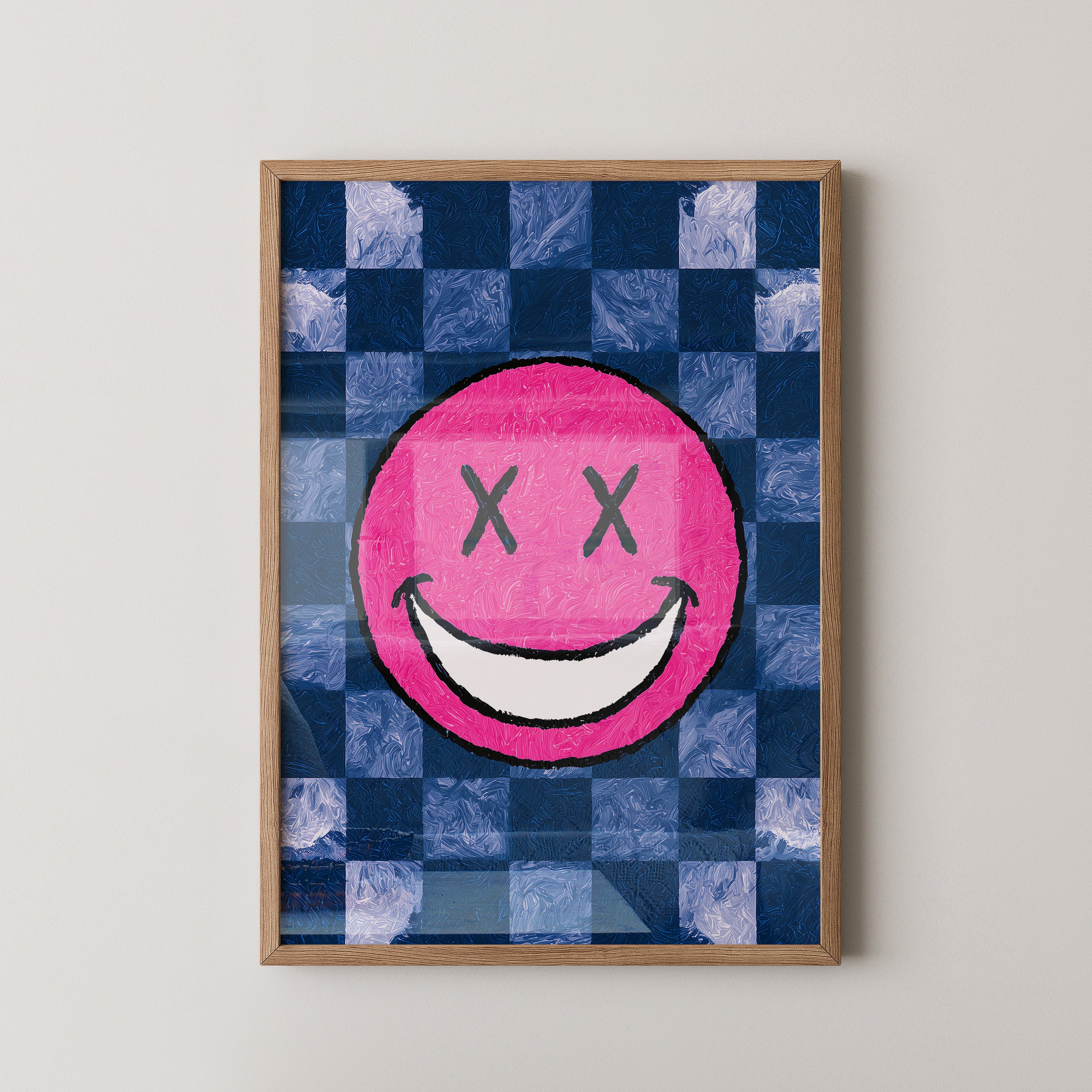 Grinsendes Emoji Pink Blau Gerastert