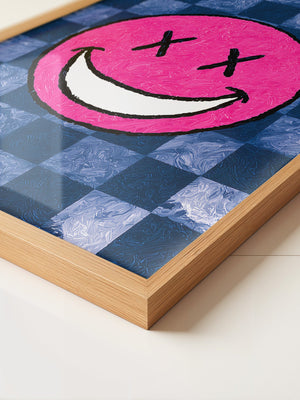 Grinsendes Emoji Pink Blau Gerastert