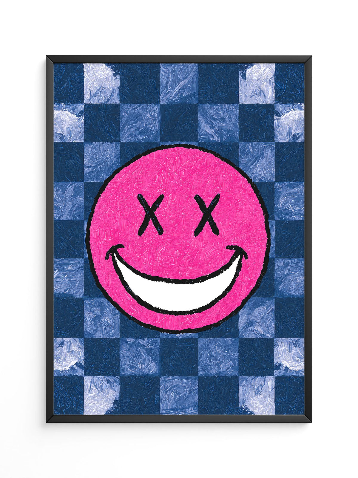 Grinsendes Emoji Pink Blau Gerastert