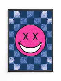 Grinsendes Emoji Pink Blau Gerastert