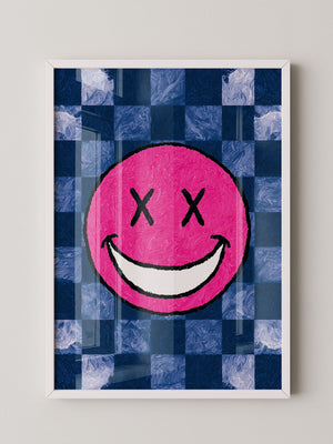 Grinsendes Emoji Pink Blau Gerastert