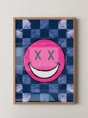 Grinsendes Emoji Pink Blau Gerastert