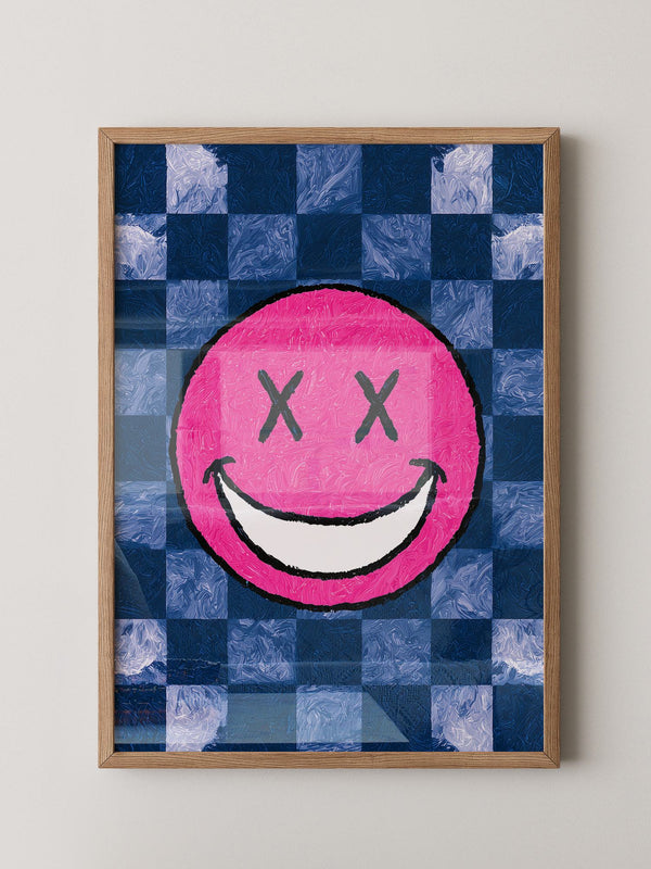 Grinsendes Emoji Pink Blau Gerastert